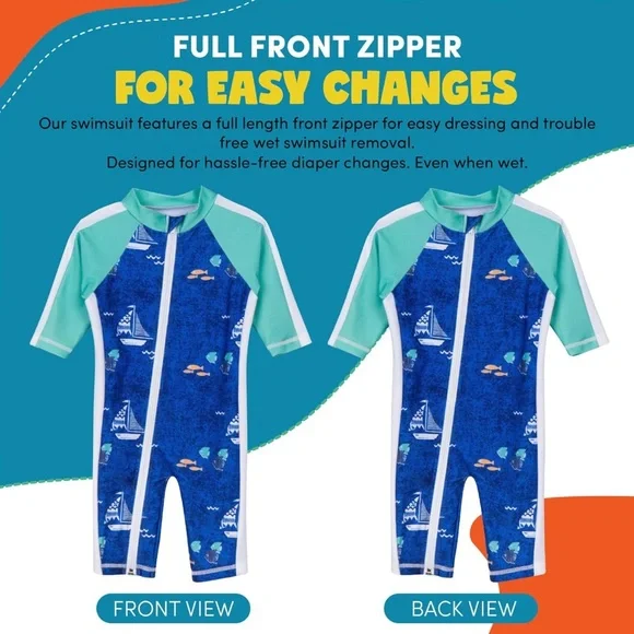 SwimZip Boys' Long-Sleeve UPF 50+ Swimsuit Blue and Green Rash Guard Size 6-12M